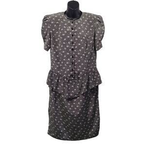 Vtg 80s Liz Roberts Black White Ruched Short Sleeve Dress Size 12